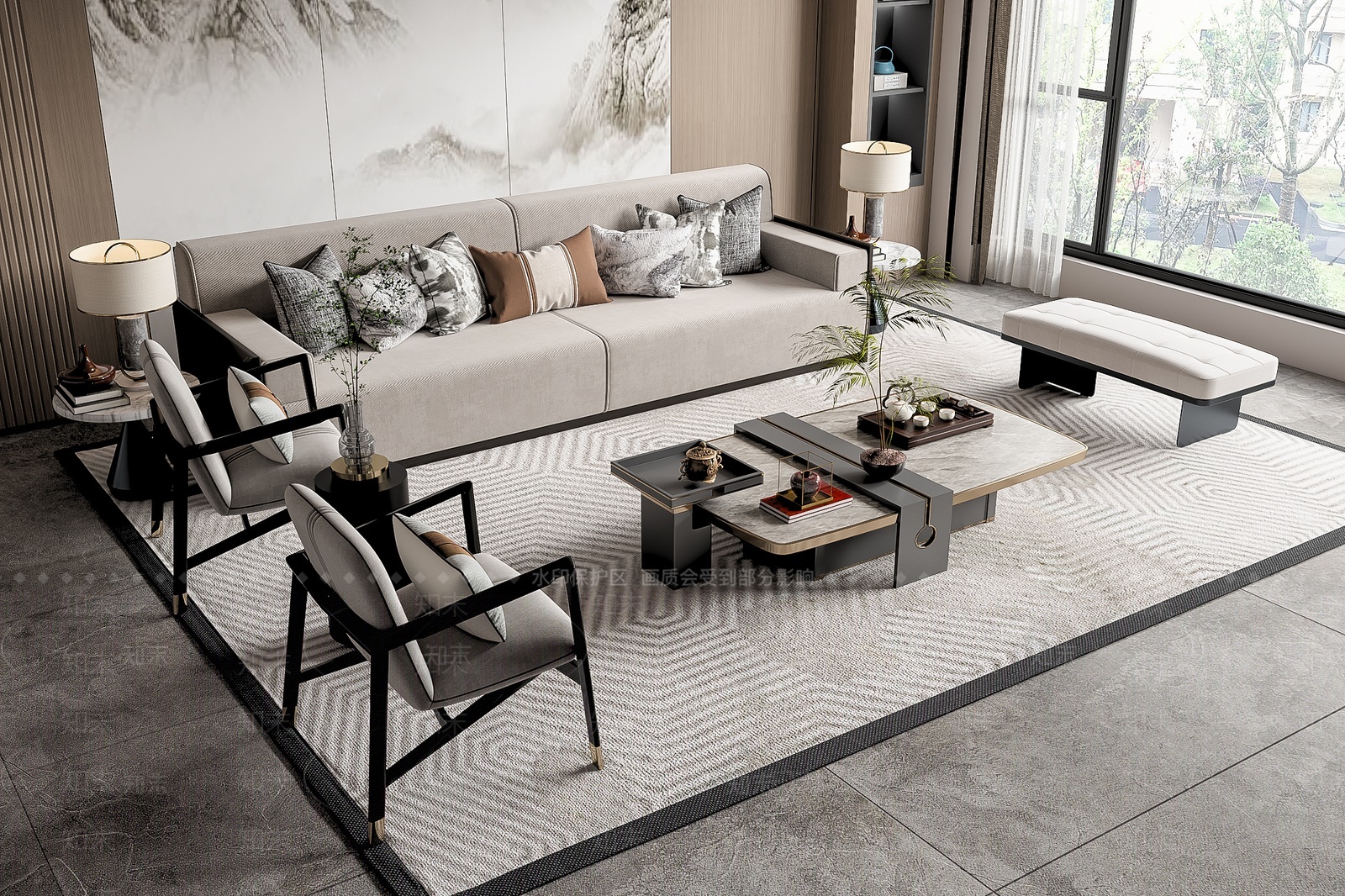 新中式沙发茶几组合3D模型下载【ID:1209365331】