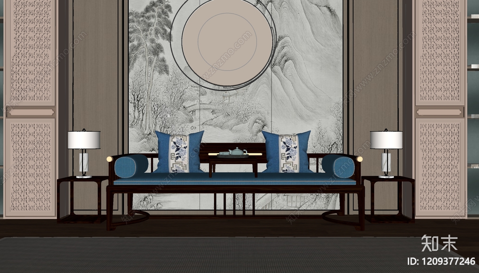 新中式罗汉床SU模型下载【ID:1209377246】