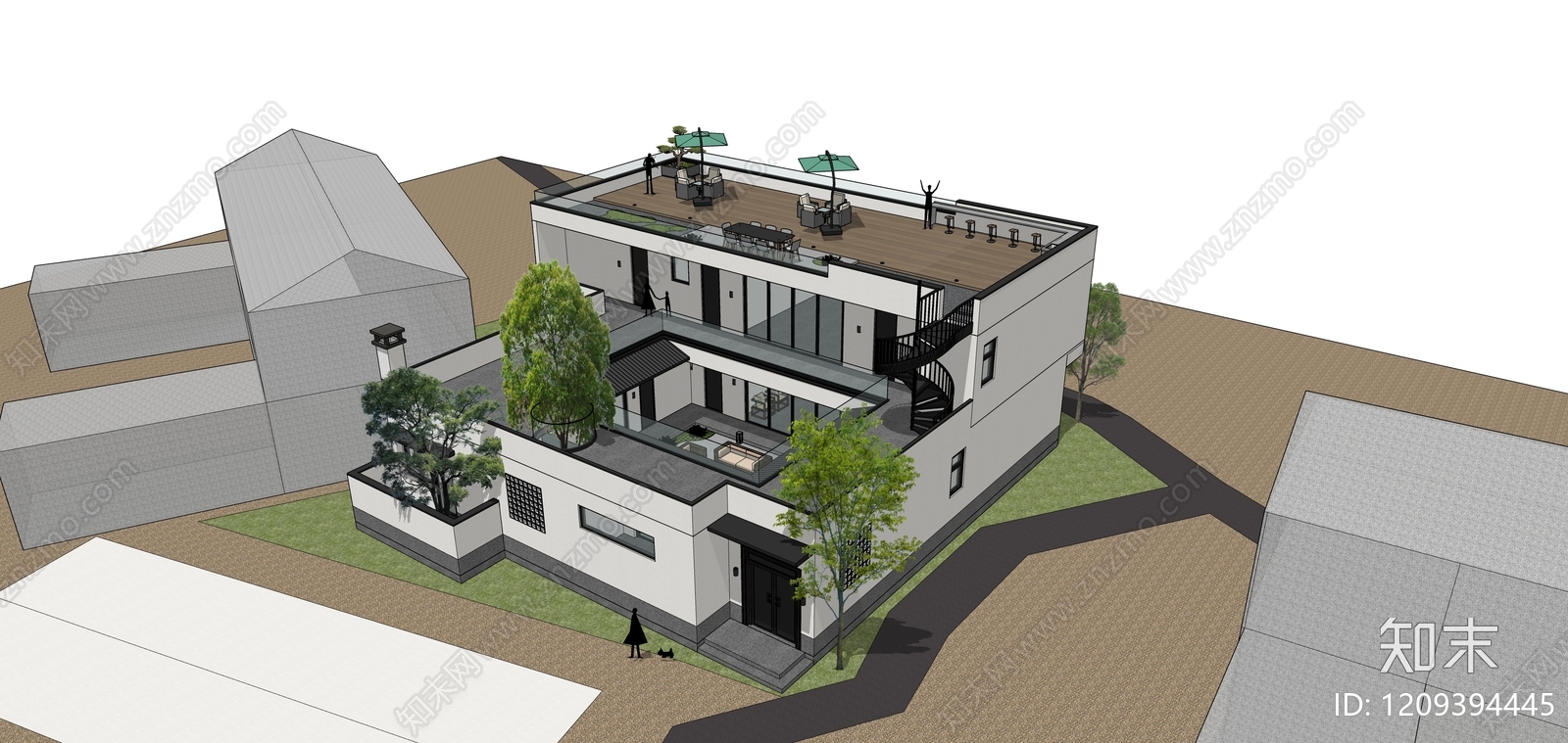 现代极简四合院SU模型下载【ID:1209394445】