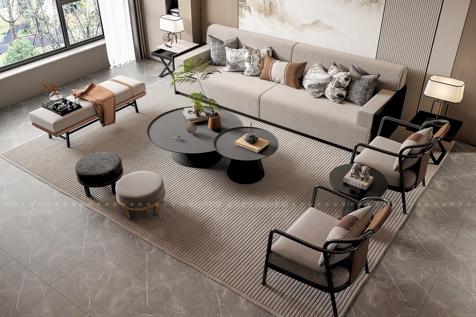 新中式沙发茶几组合3D模型下载【ID:1209465259】