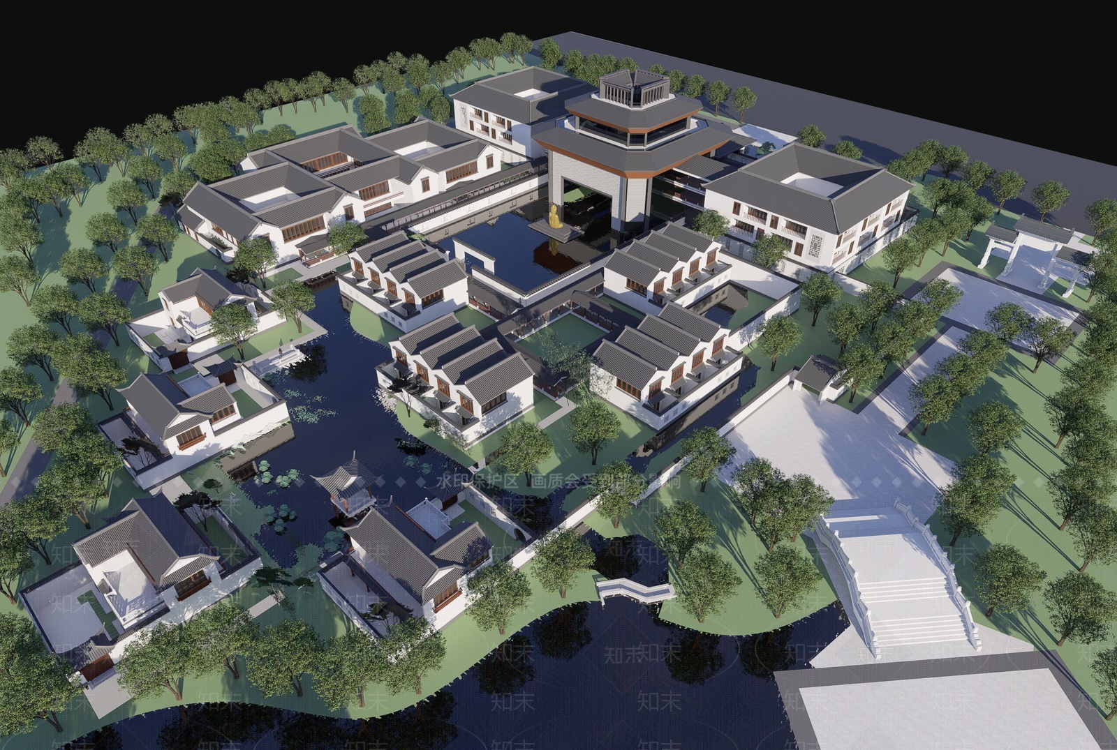 中式度假酒店建筑SU模型下载【ID:1209483586】