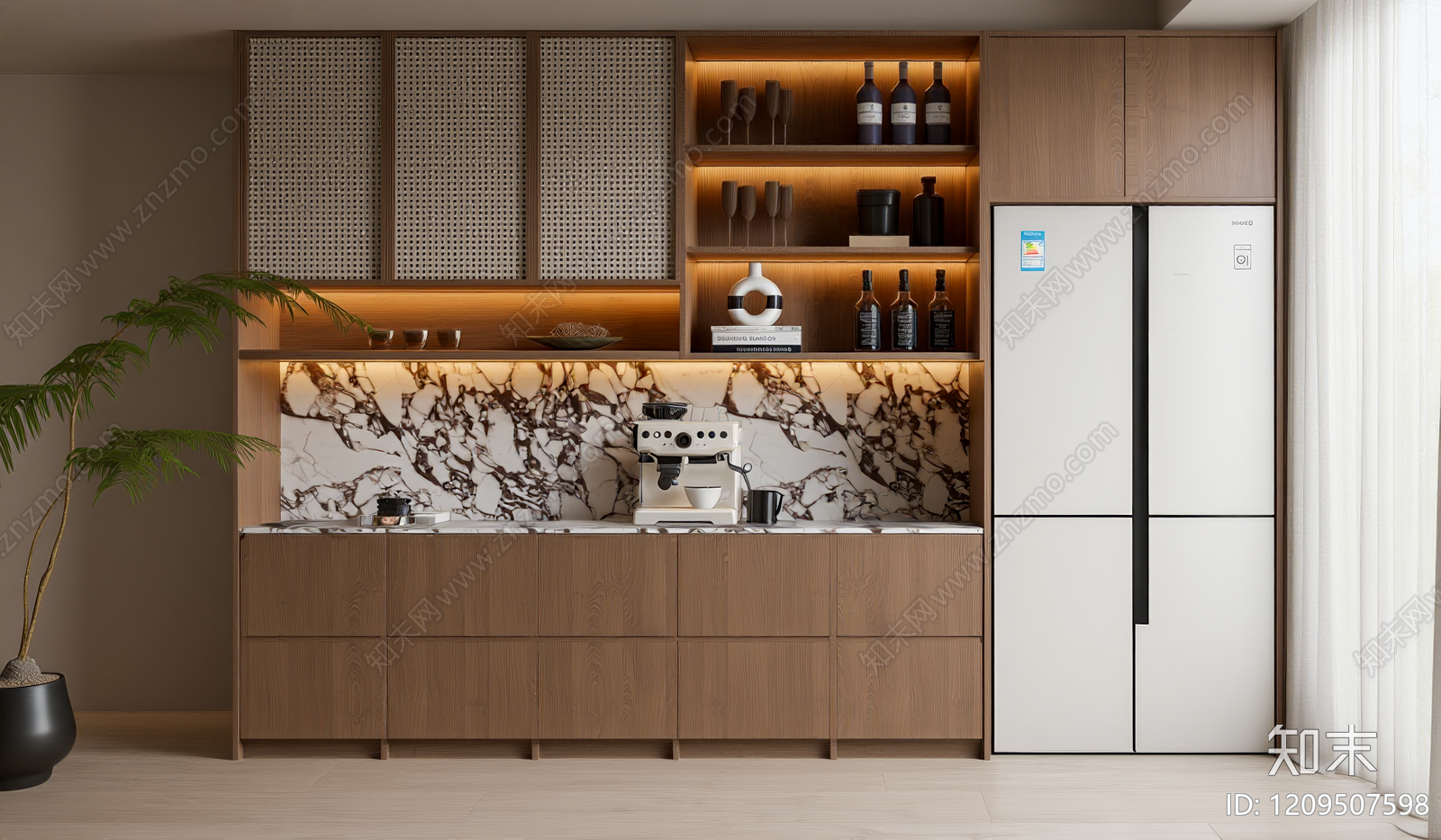 现代原木风开放式厨房3D模型下载【ID:1209507598】