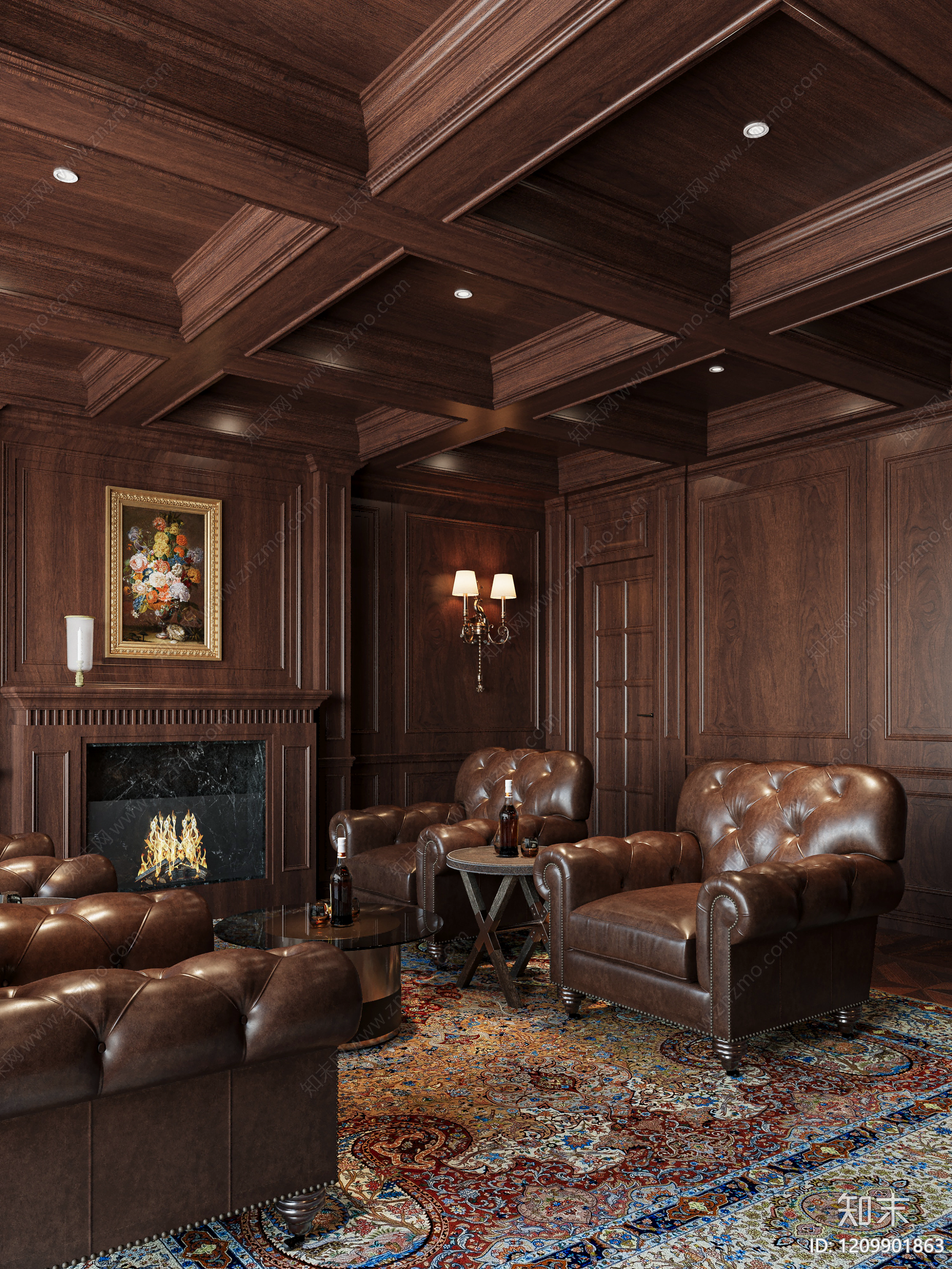 美式复古别墅客厅3D模型下载【ID:1209901863】