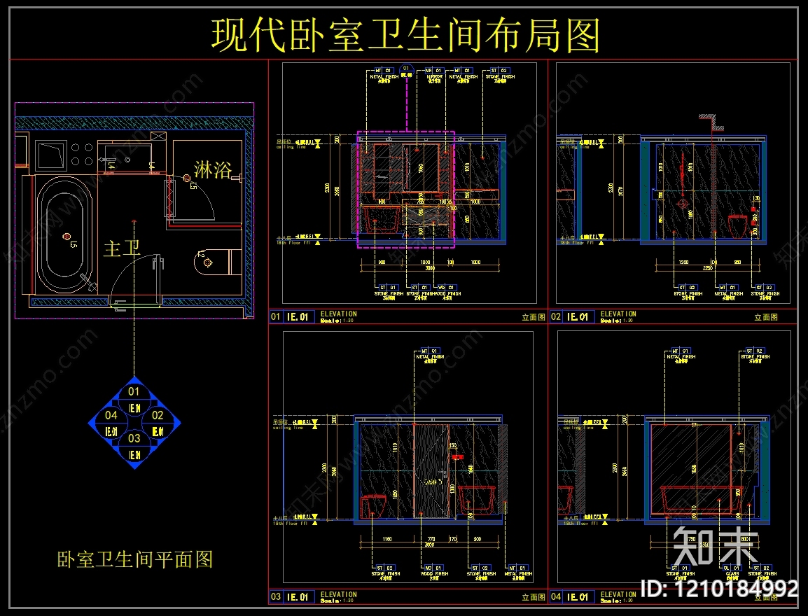 现代卫生间cad施工图下载【ID:1210184992】