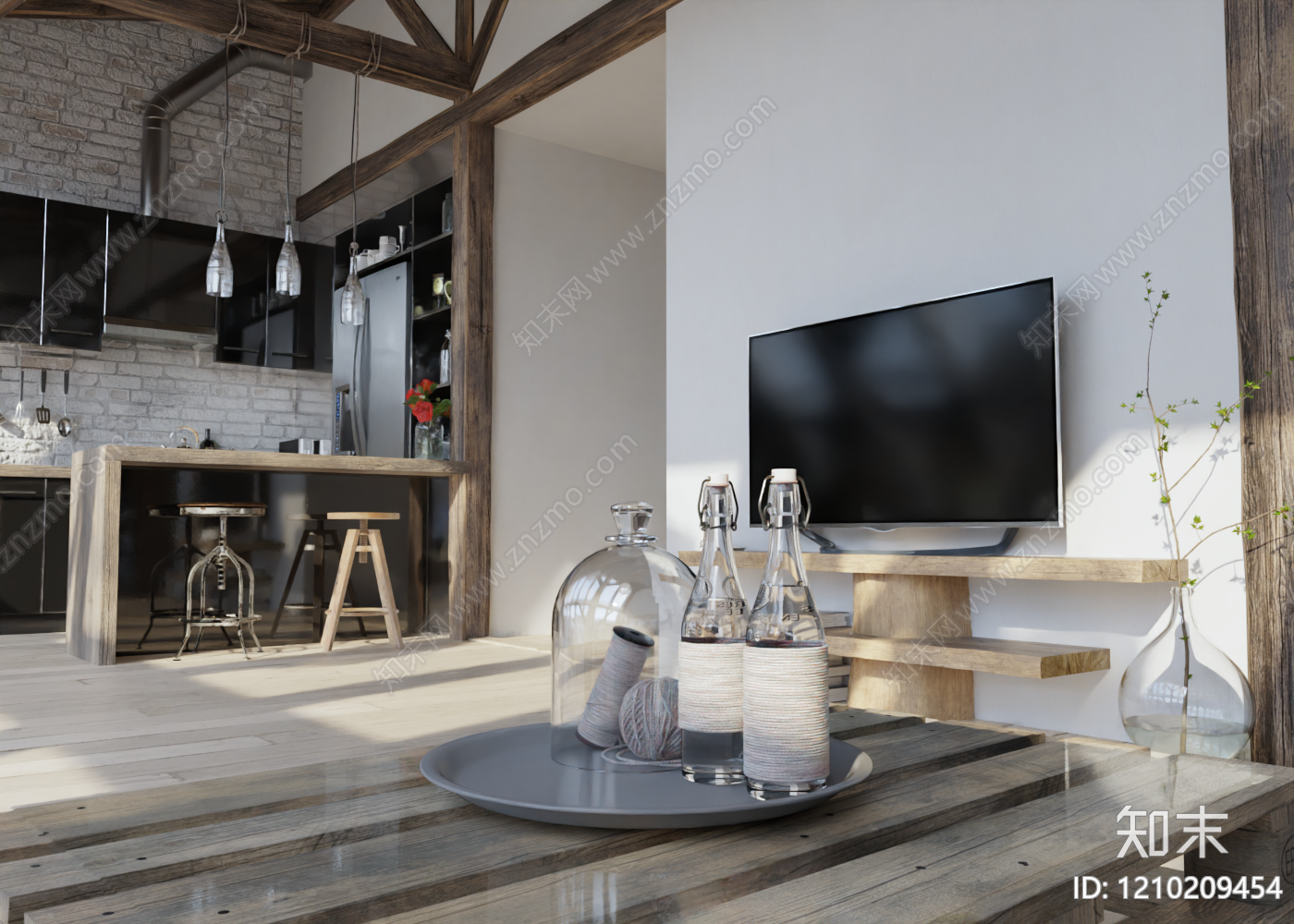 工业风混搭原木开放式厨房3D模型下载【ID:1210209454】