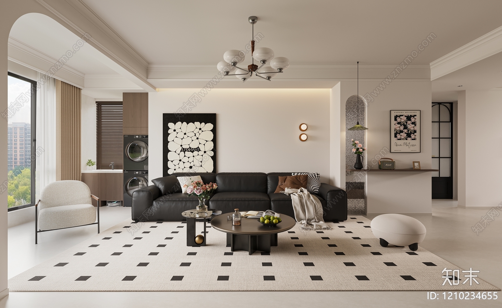 奶油风大平层客餐厅3D模型下载【ID:1210234655】