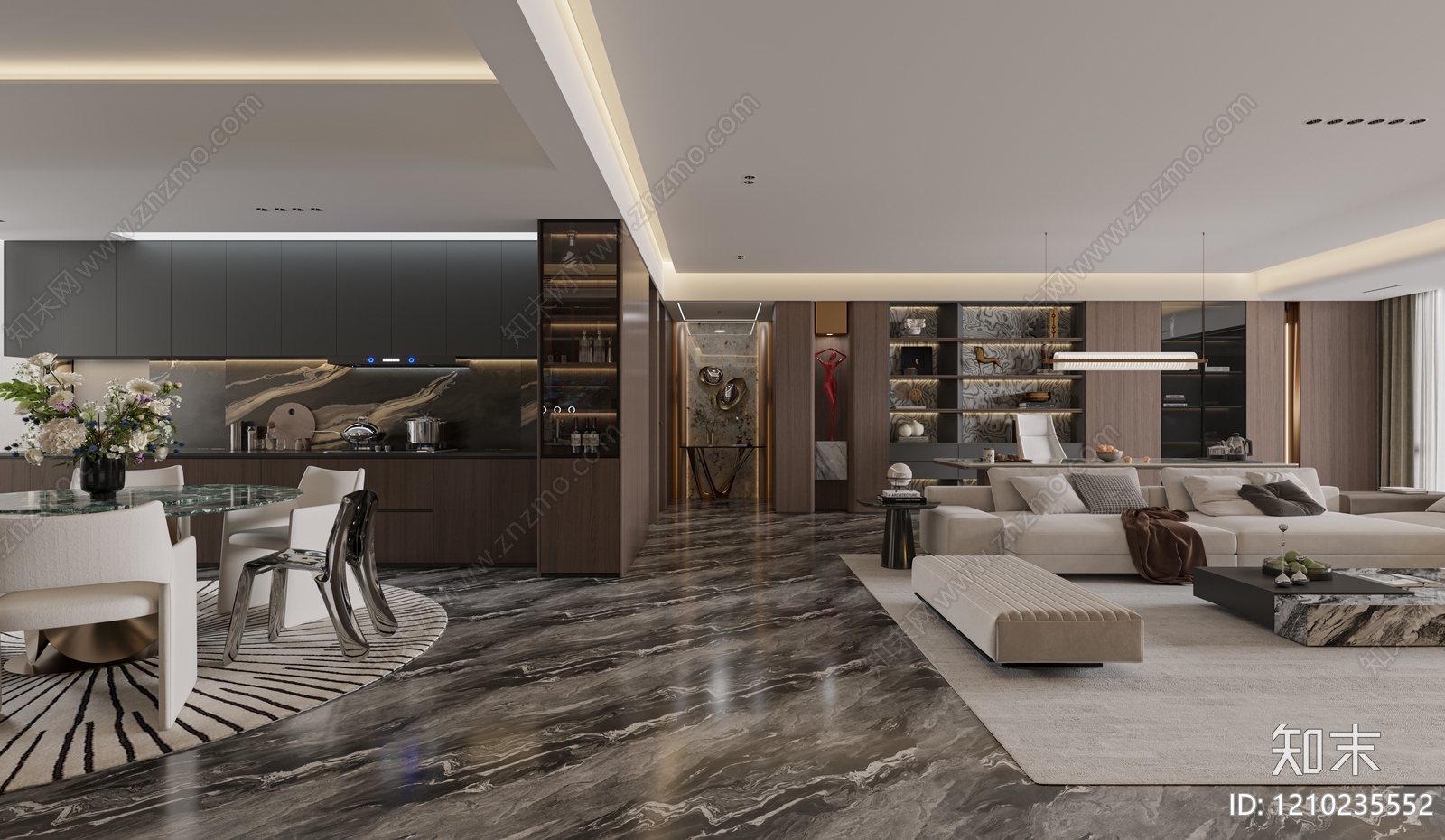 意式轻奢大平层客餐厅3D模型下载【ID:1210235552】