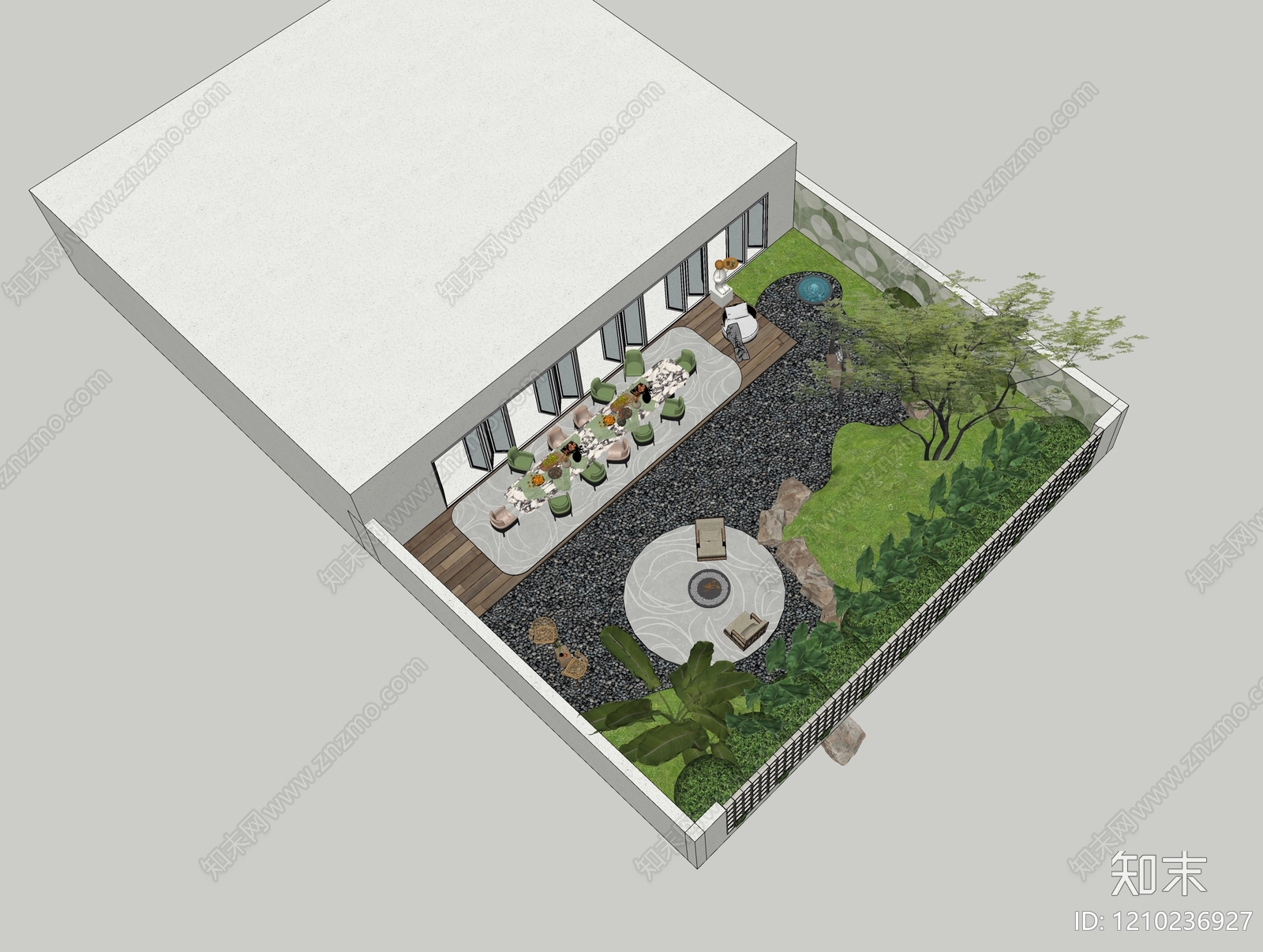 现代奶油别墅庭院SU模型下载【ID:1210236927】