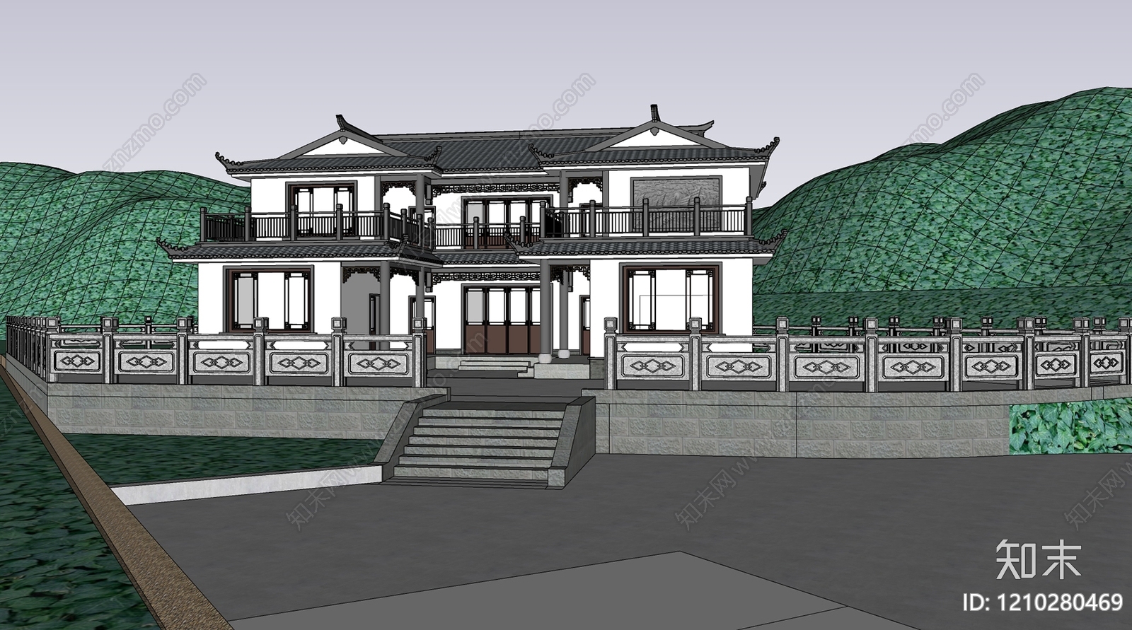 中式中古别墅SU模型下载【ID:1210280469】
