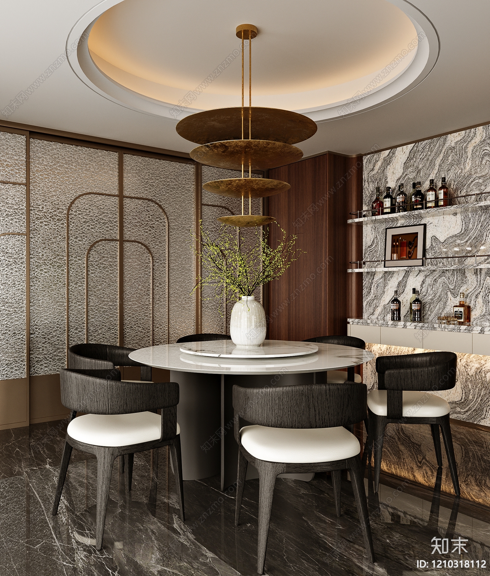 现代轻奢圆桌餐厅3D模型下载【ID:1210318112】