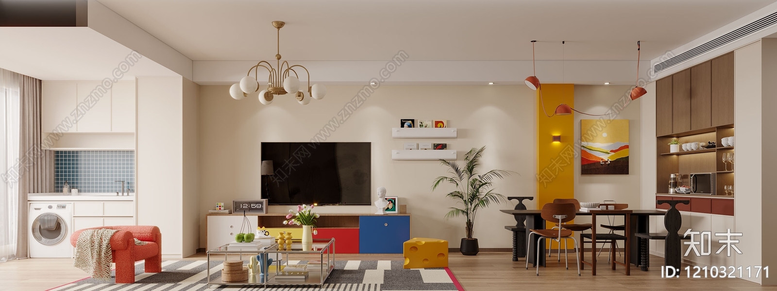 奶油风大平层客餐厅3D模型下载【ID:1210321171】