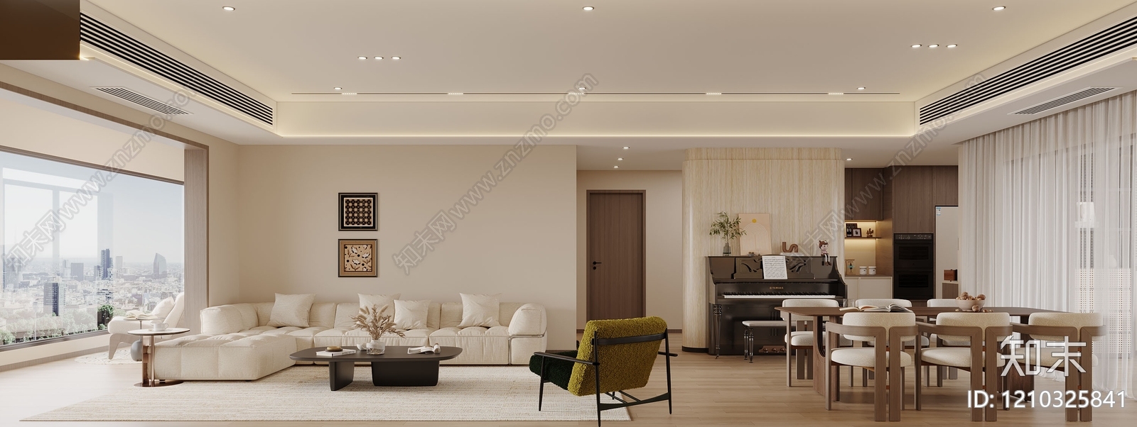 奶油风大平层客餐厅3D模型下载【ID:1210325841】