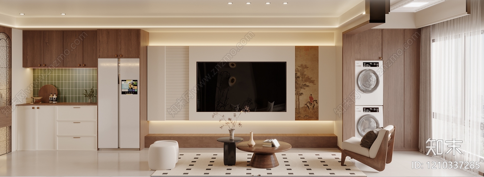 奶油风大平层客餐厅3D模型下载【ID:1210337285】