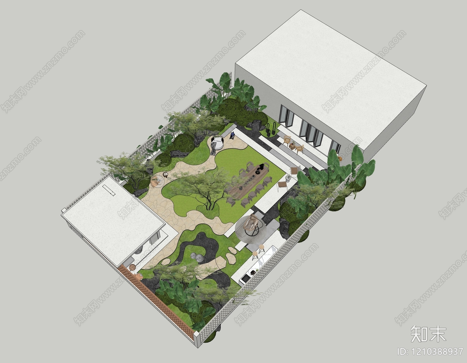 现代极简别墅庭院SU模型下载【ID:1210388937】