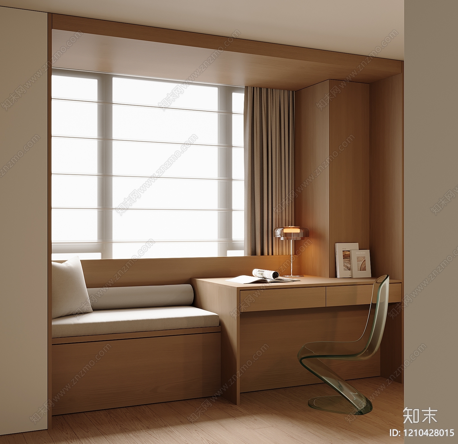 原木风飘窗柜3D模型渲染效果图