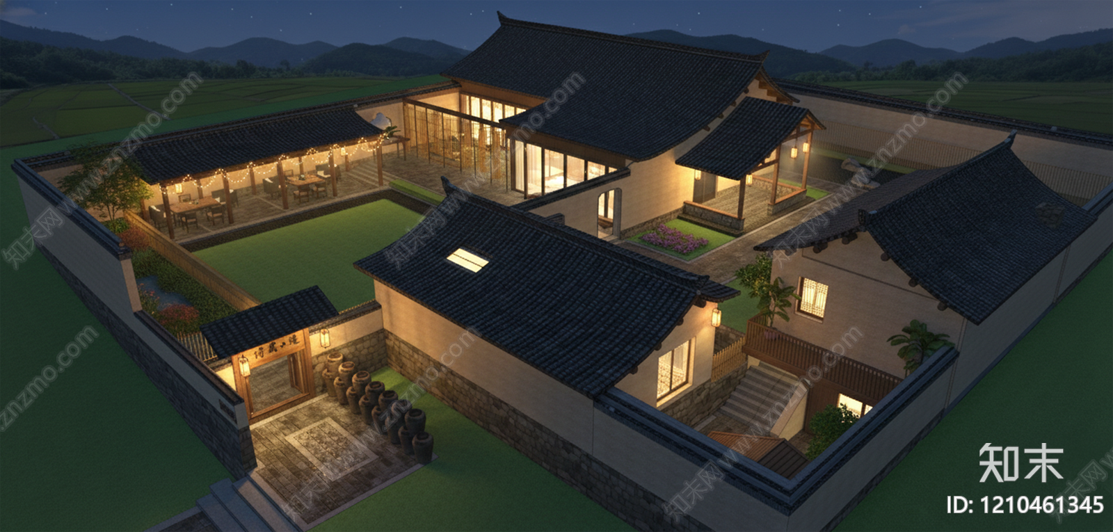 新中式禅意风格建筑SU模型下载【ID:1210461345】
