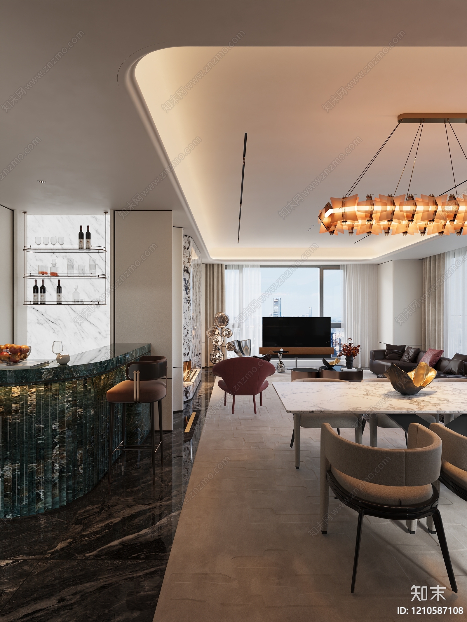 意式轻奢大平层客餐厅3D模型下载【ID:1210587108】