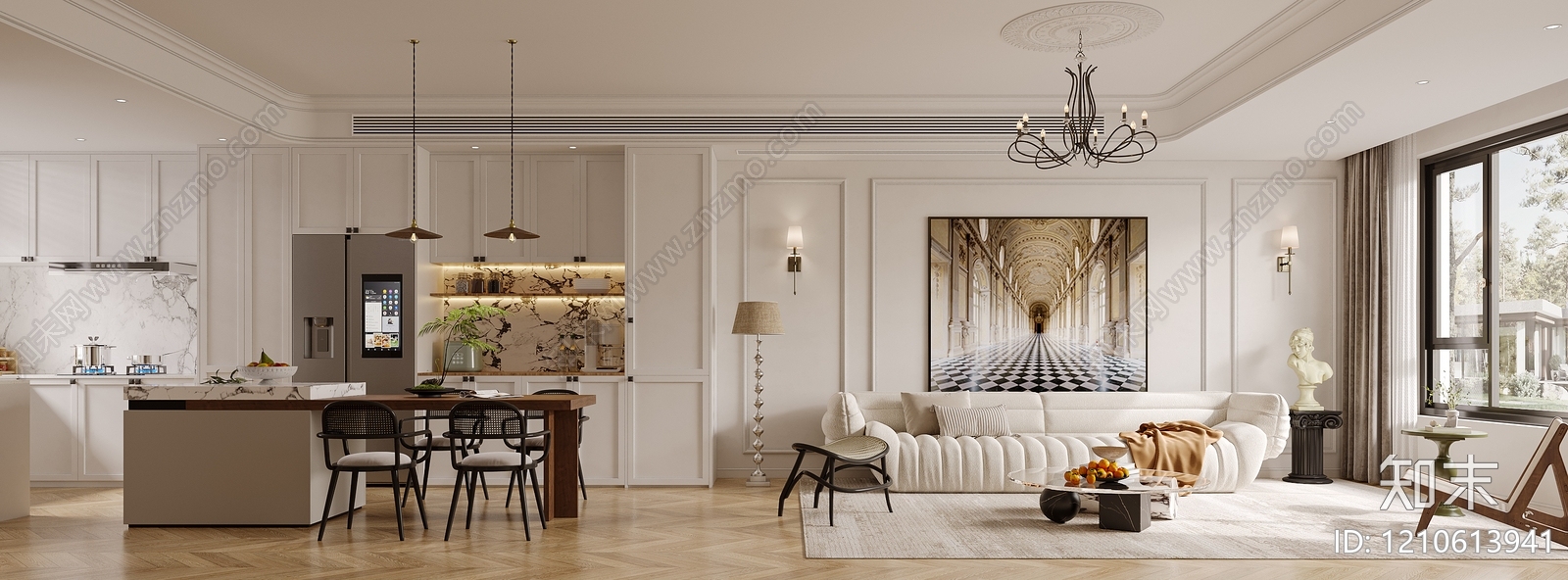 奶油风大平层客餐厅3D模型下载【ID:1210613941】