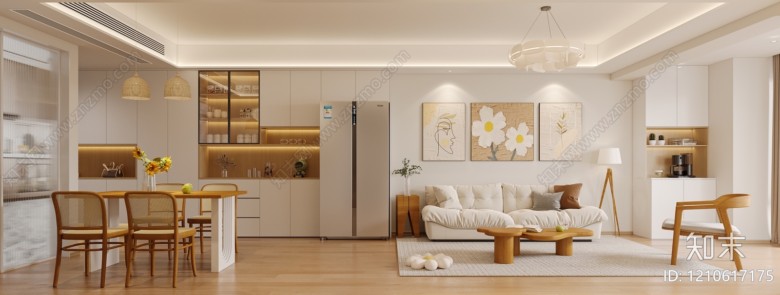 奶油风大平层客餐厅3D模型下载【ID:1210617175】