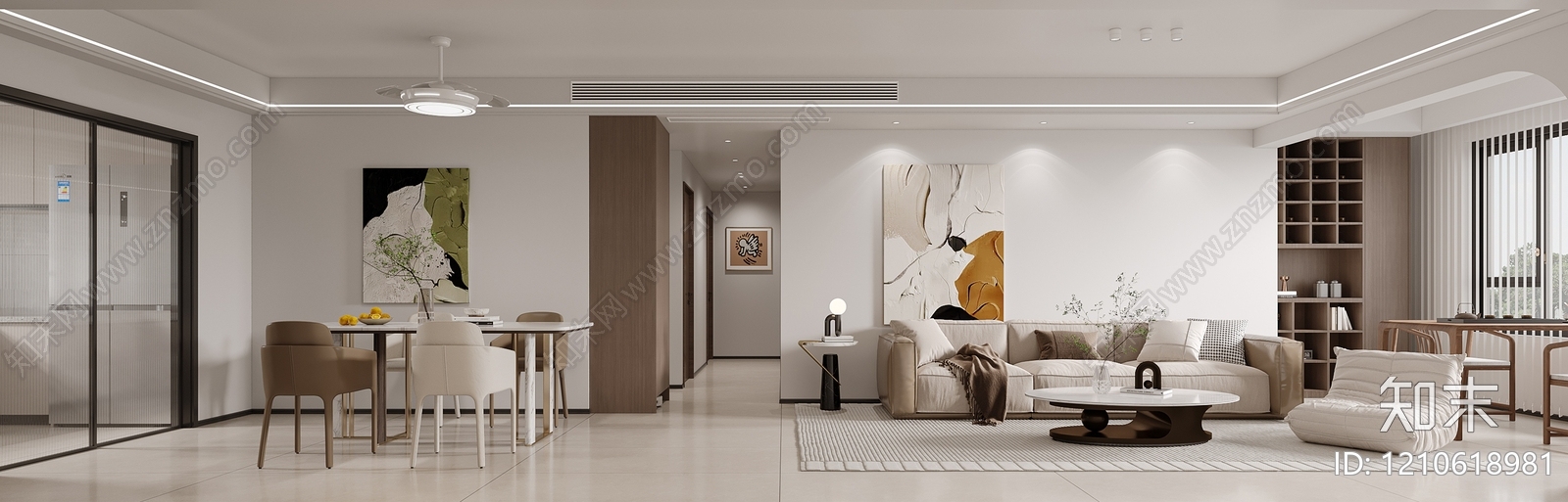 奶油风大平层客餐厅3D模型下载【ID:1210618981】