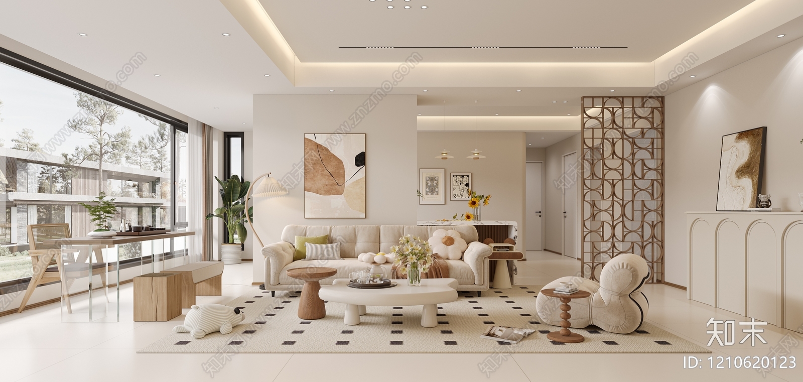 奶油风大平层客餐厅3D模型下载【ID:1210620123】