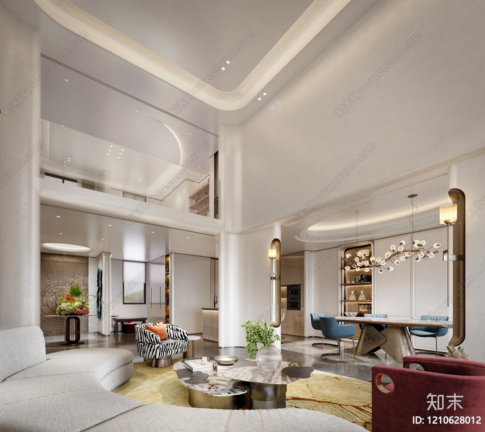 奶油风挑空客厅3D模型下载【ID:1210628012】