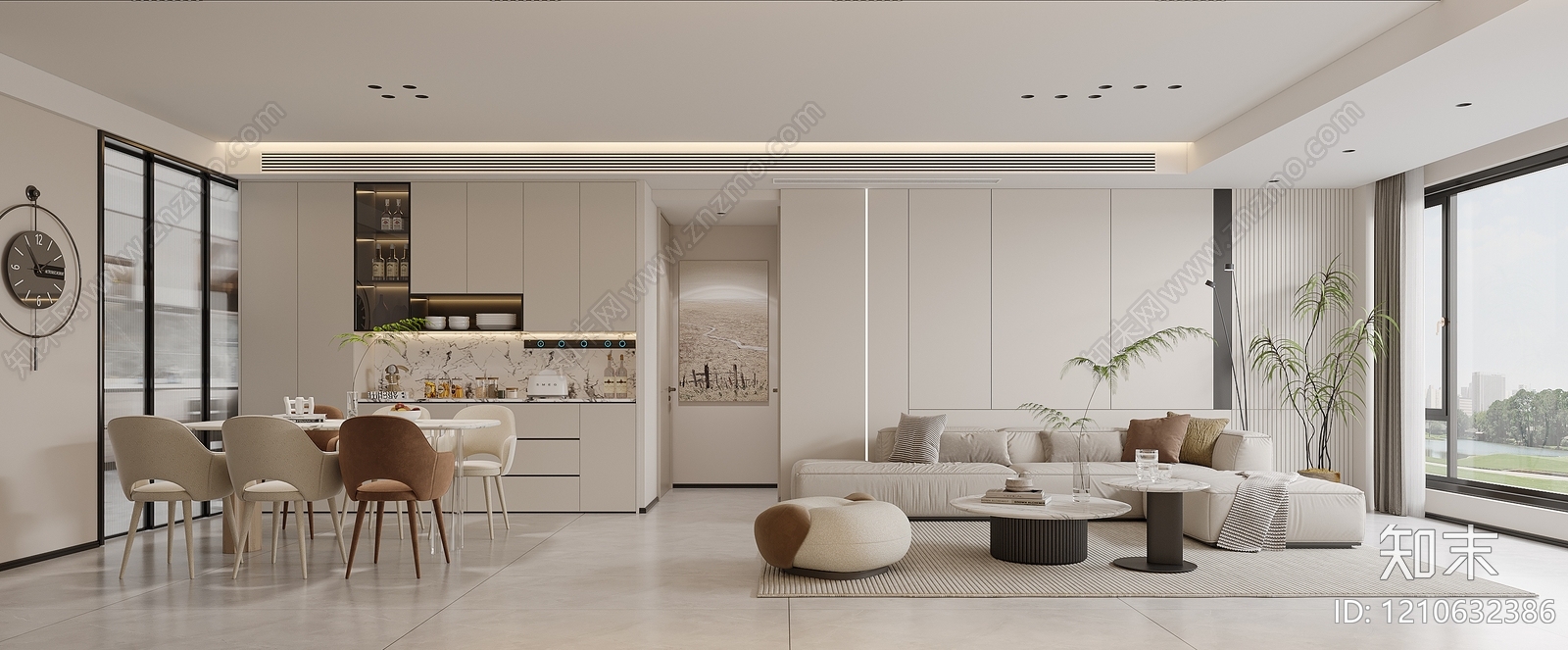奶油风大平层客餐厅3D模型下载【ID:1210632386】