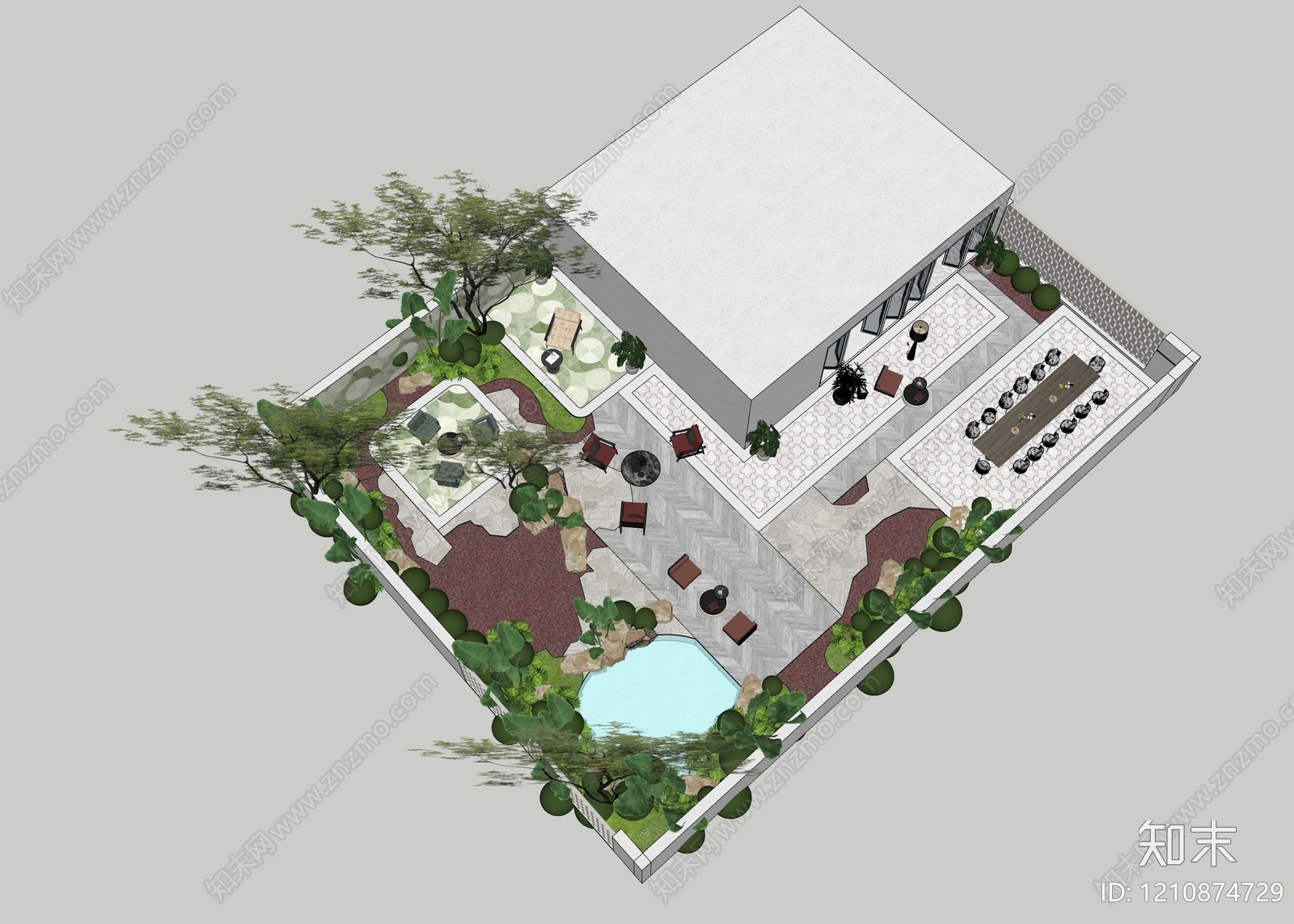现代奶油别墅庭院SU模型下载【ID:1210874729】