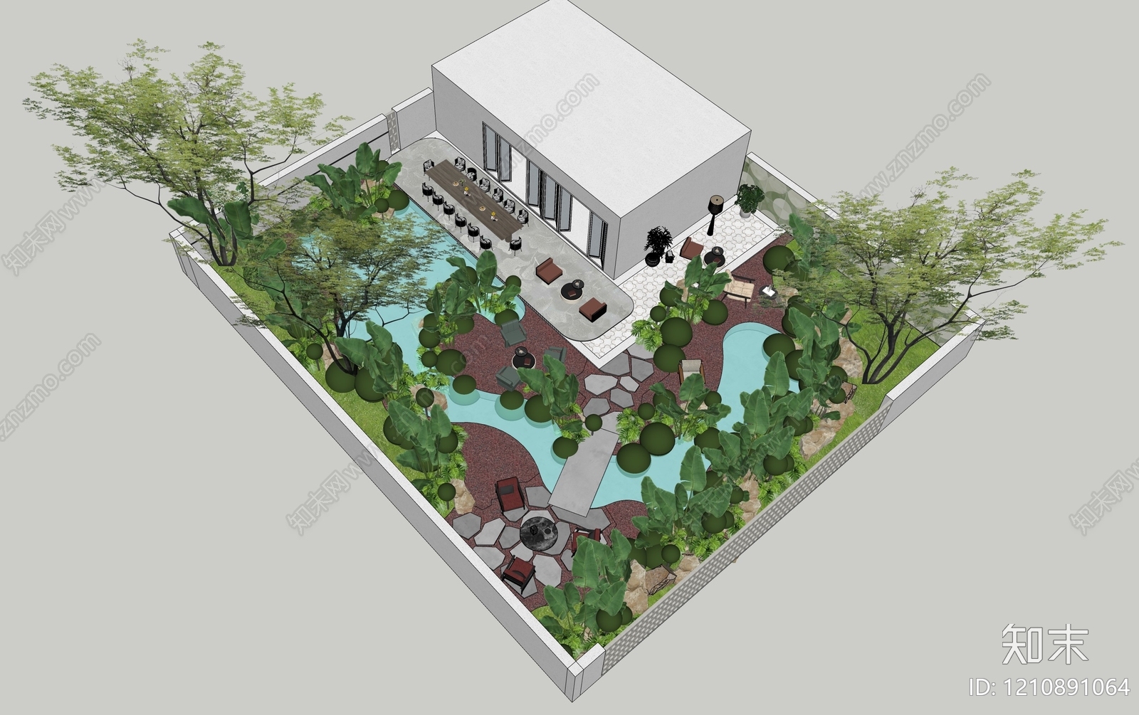 现代主义景观别墅庭院SU模型下载【ID:1210891064】
