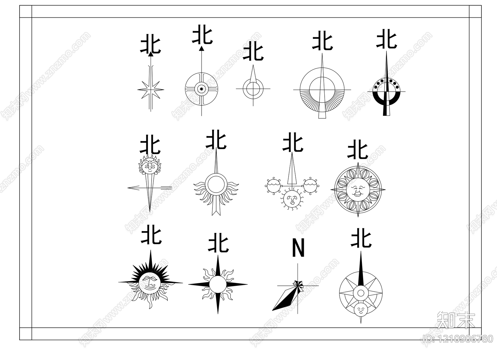 现代指北针施工图下载【ID:1210906780】