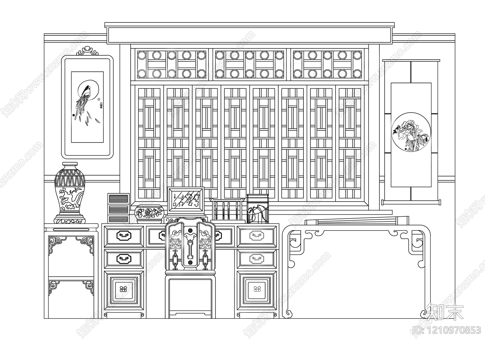 中式背景墙施工图下载【ID:1210970853】