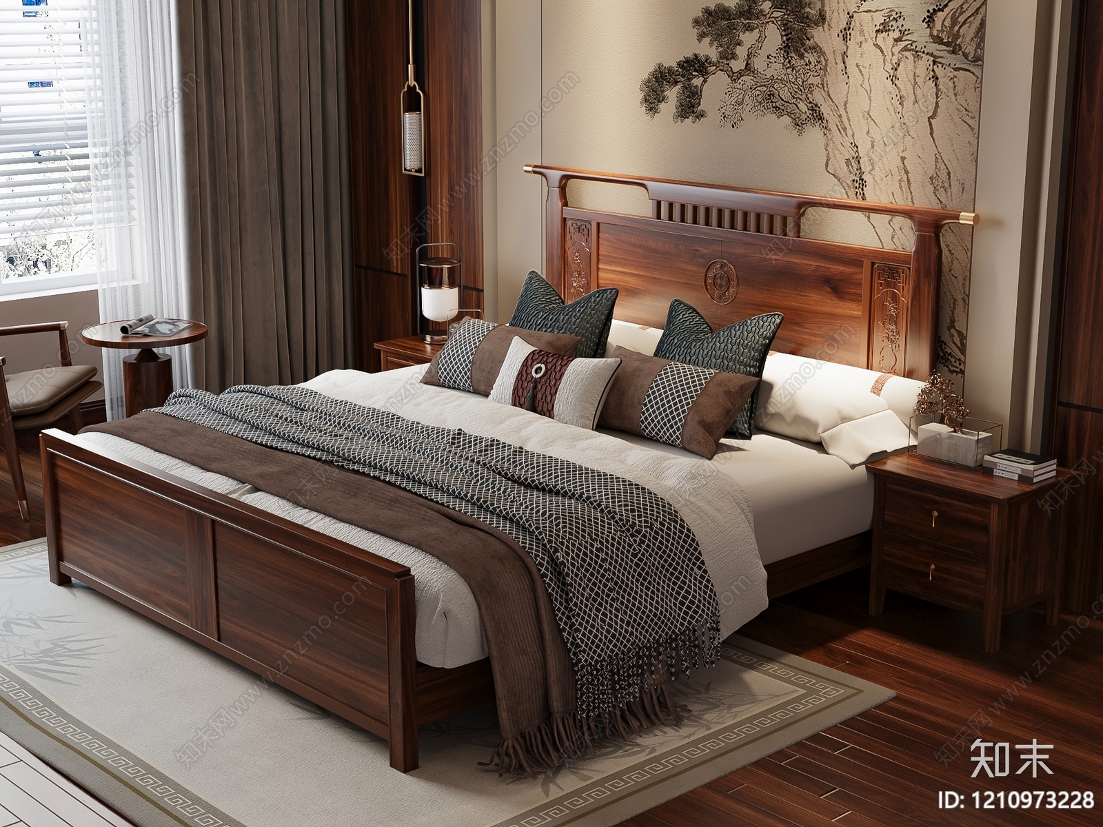 新中式双人床3D模型下载【ID:1210973228】