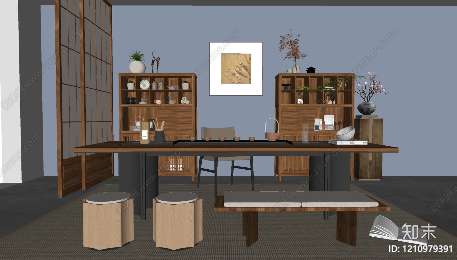 新中式茶室SU模型下载【ID:1210979391】