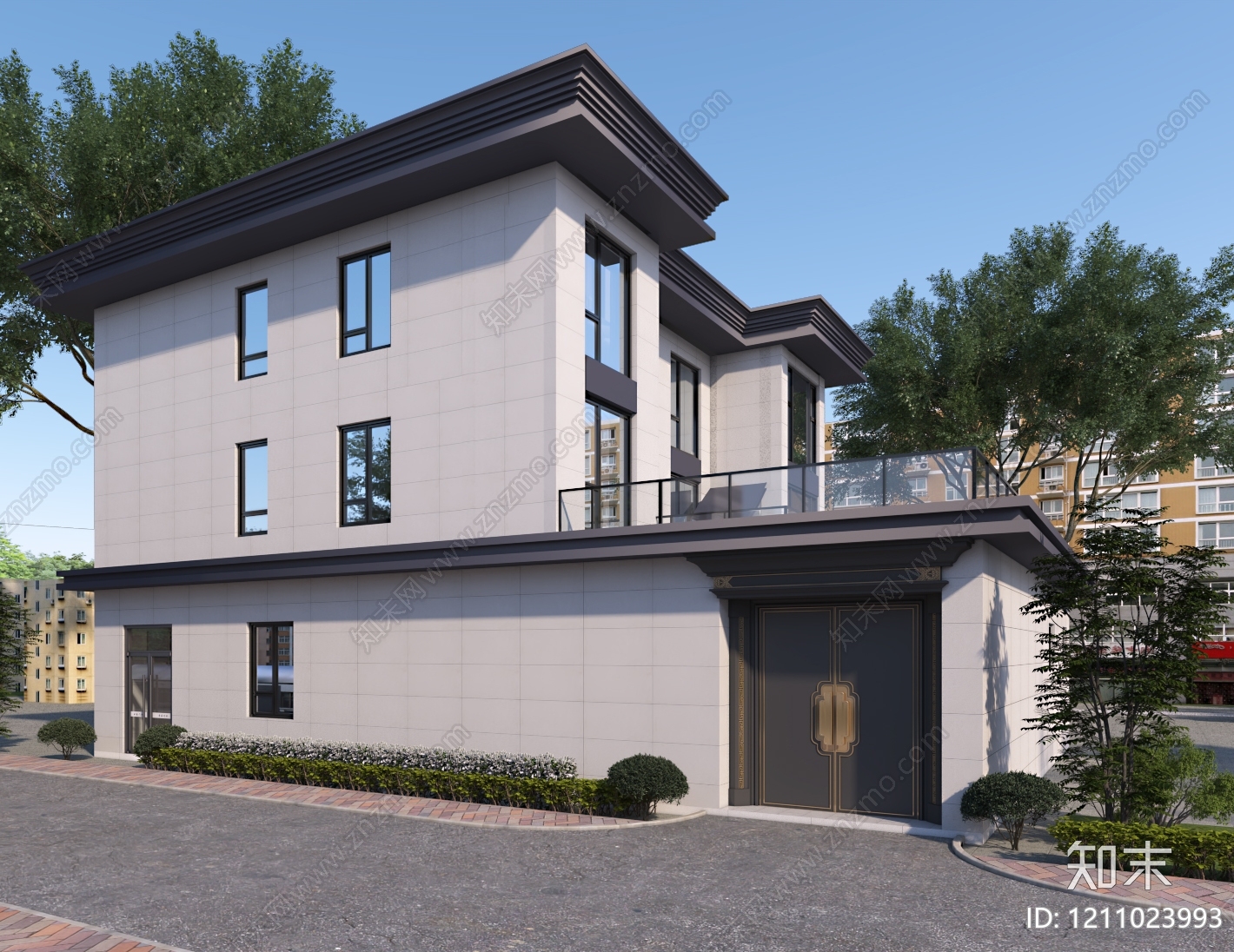 新中式别墅外观3D模型下载【ID:1211023993】