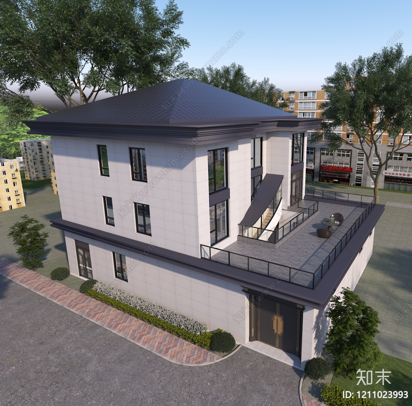 新中式别墅外观3D模型下载【ID:1211023993】