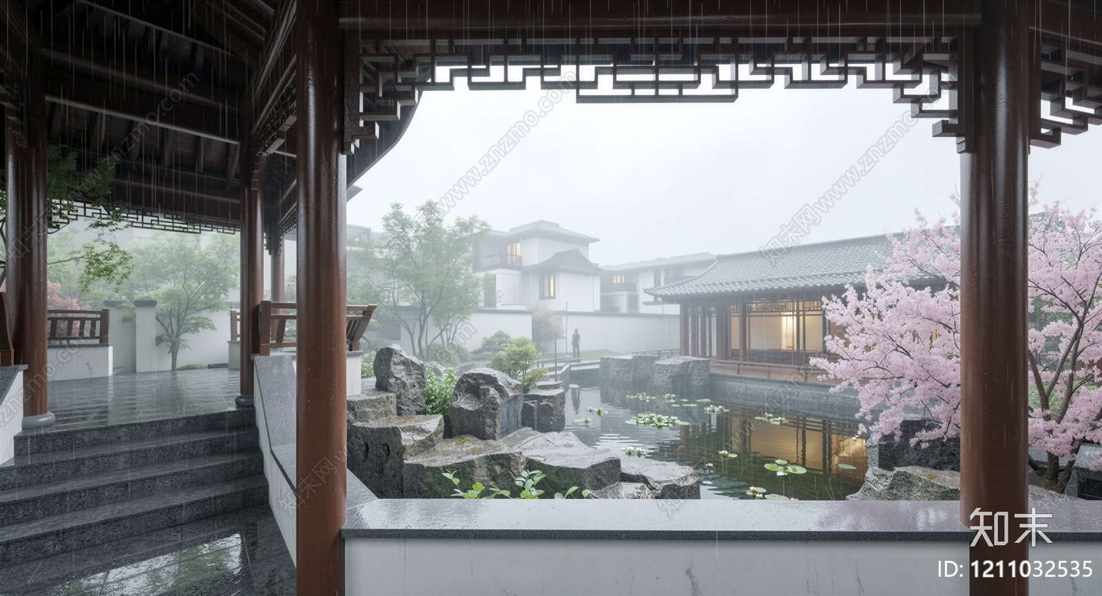 新中式别墅庭院SU模型下载【ID:1211032535】