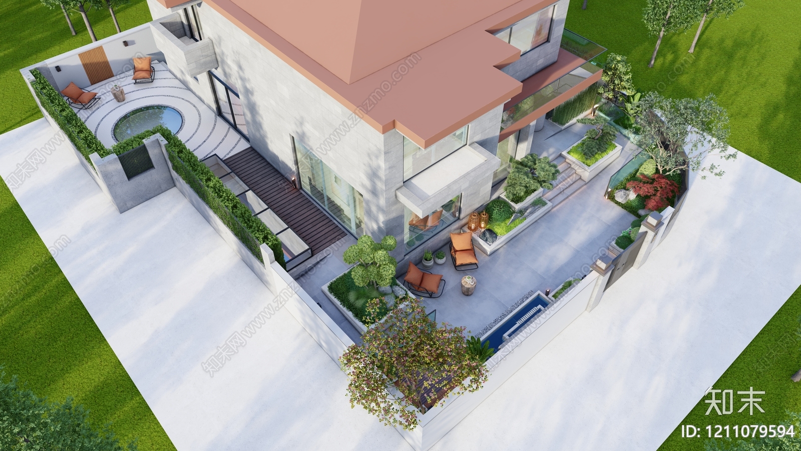 新中式别墅庭院SU模型下载【ID:1211079594】