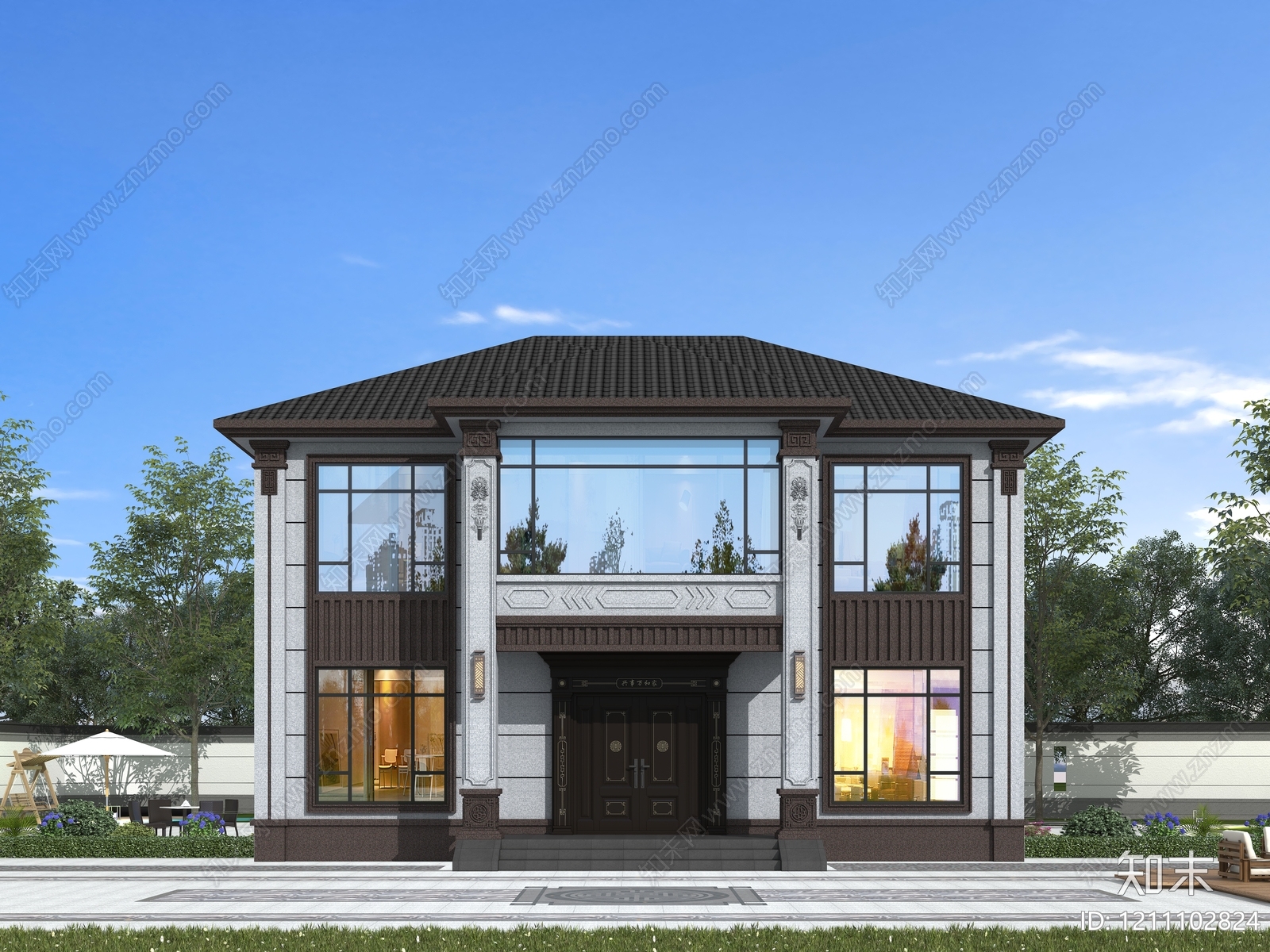 新中式别墅外观3D模型下载【ID:1211102824】