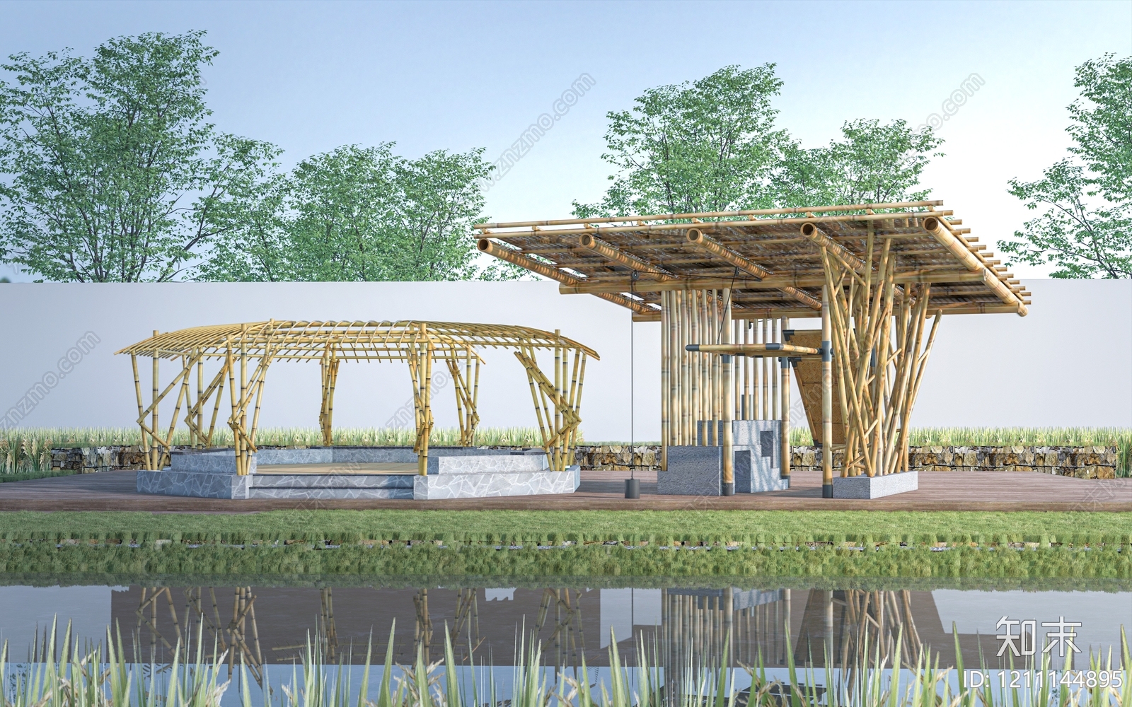 新中式景观廊架SU模型下载【ID:1211144895】