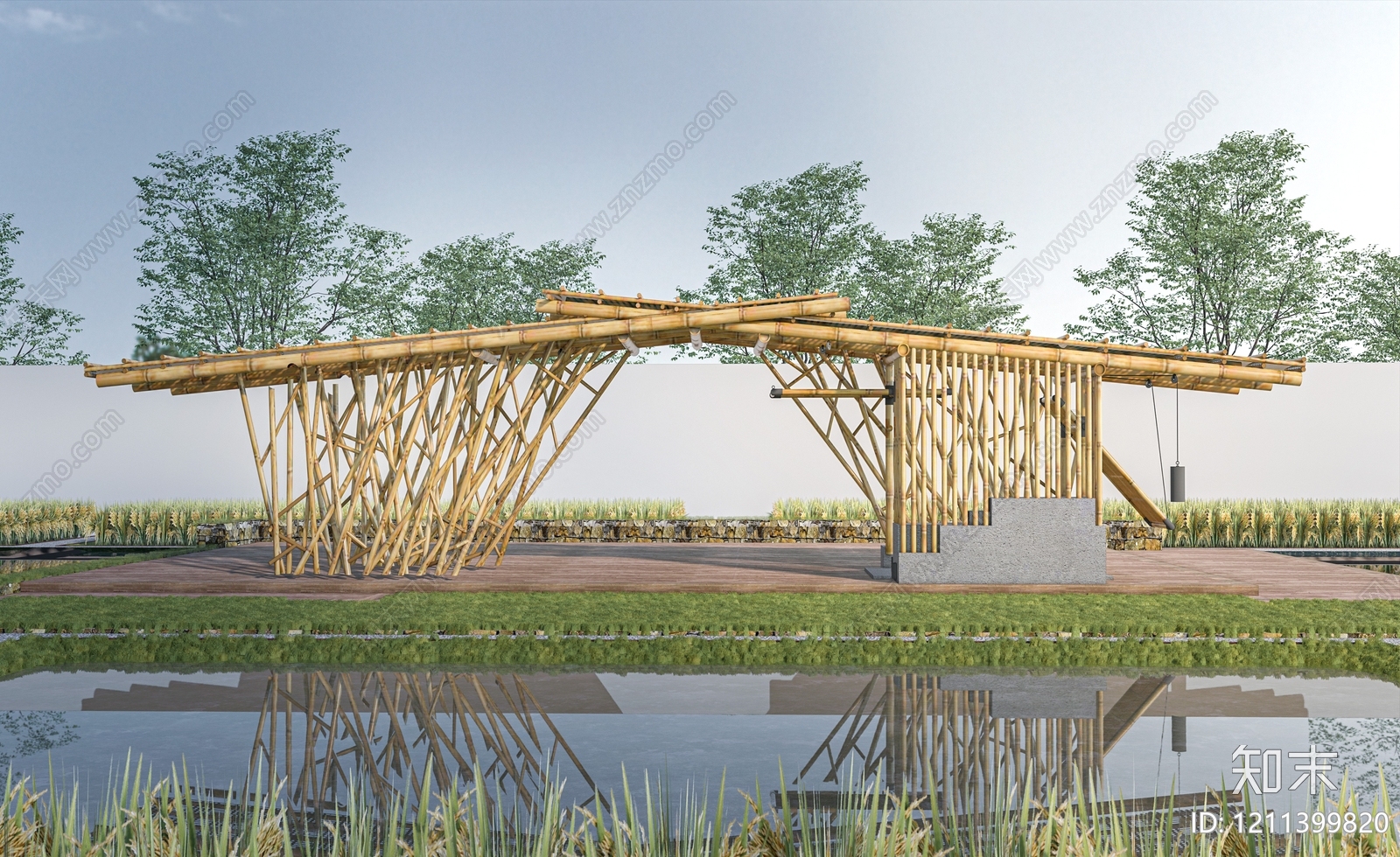 新中式景观廊架空间SU模型下载【ID:1211399820】