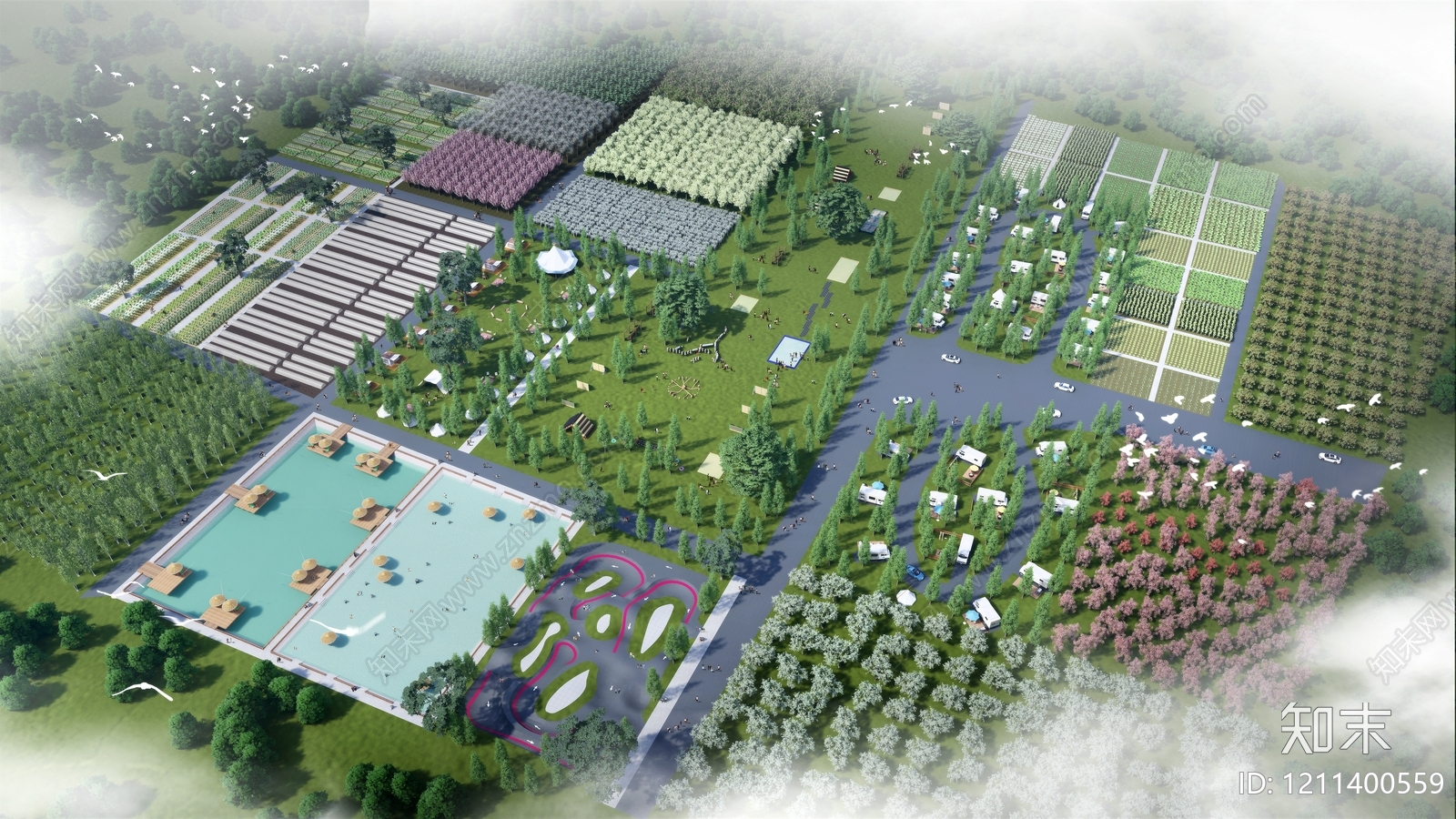 现代休闲农业景观房车营地SU模型下载【ID:1211400559】