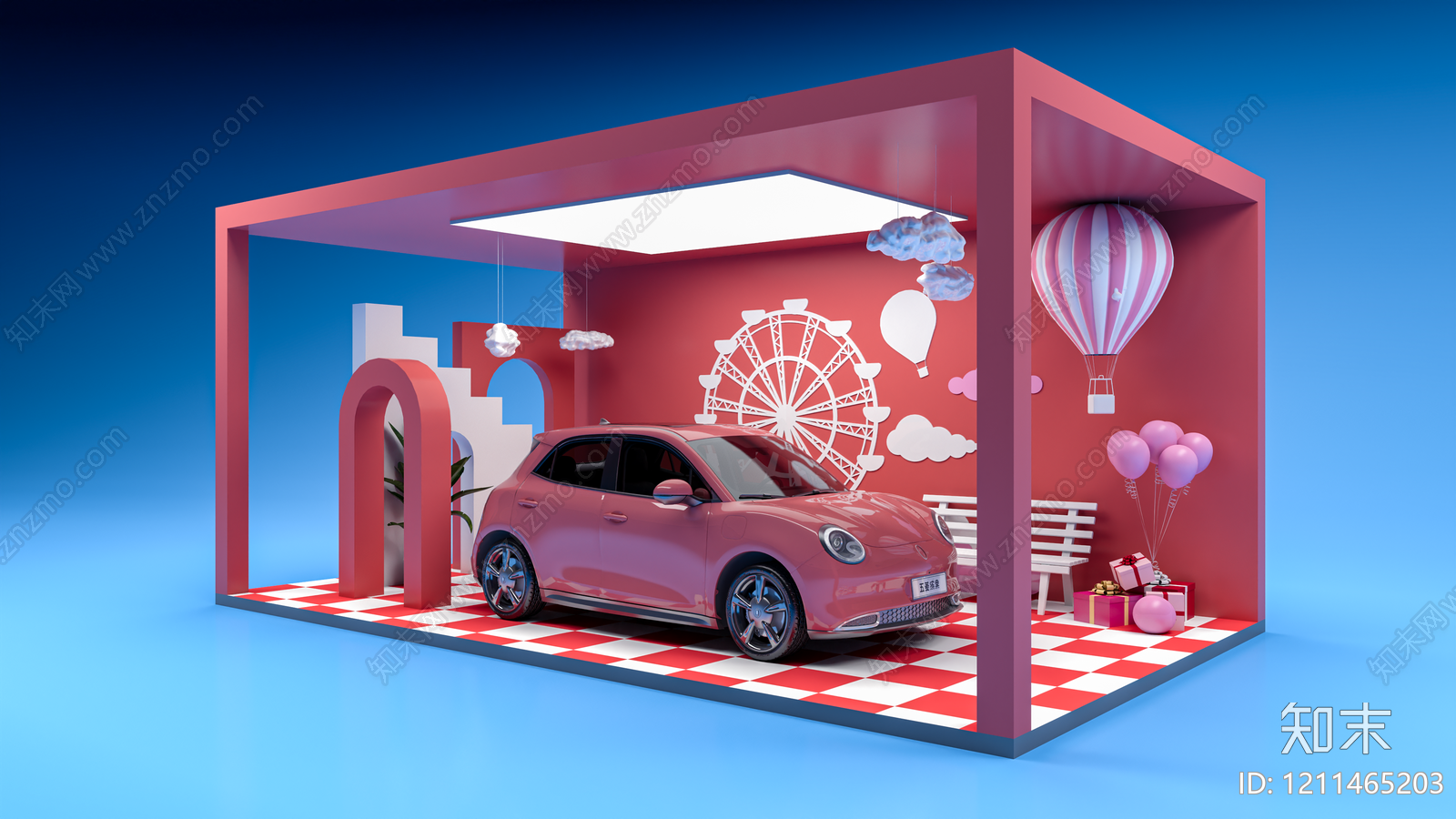 马卡龙风格汽车展台SU模型下载【ID:1211465203】