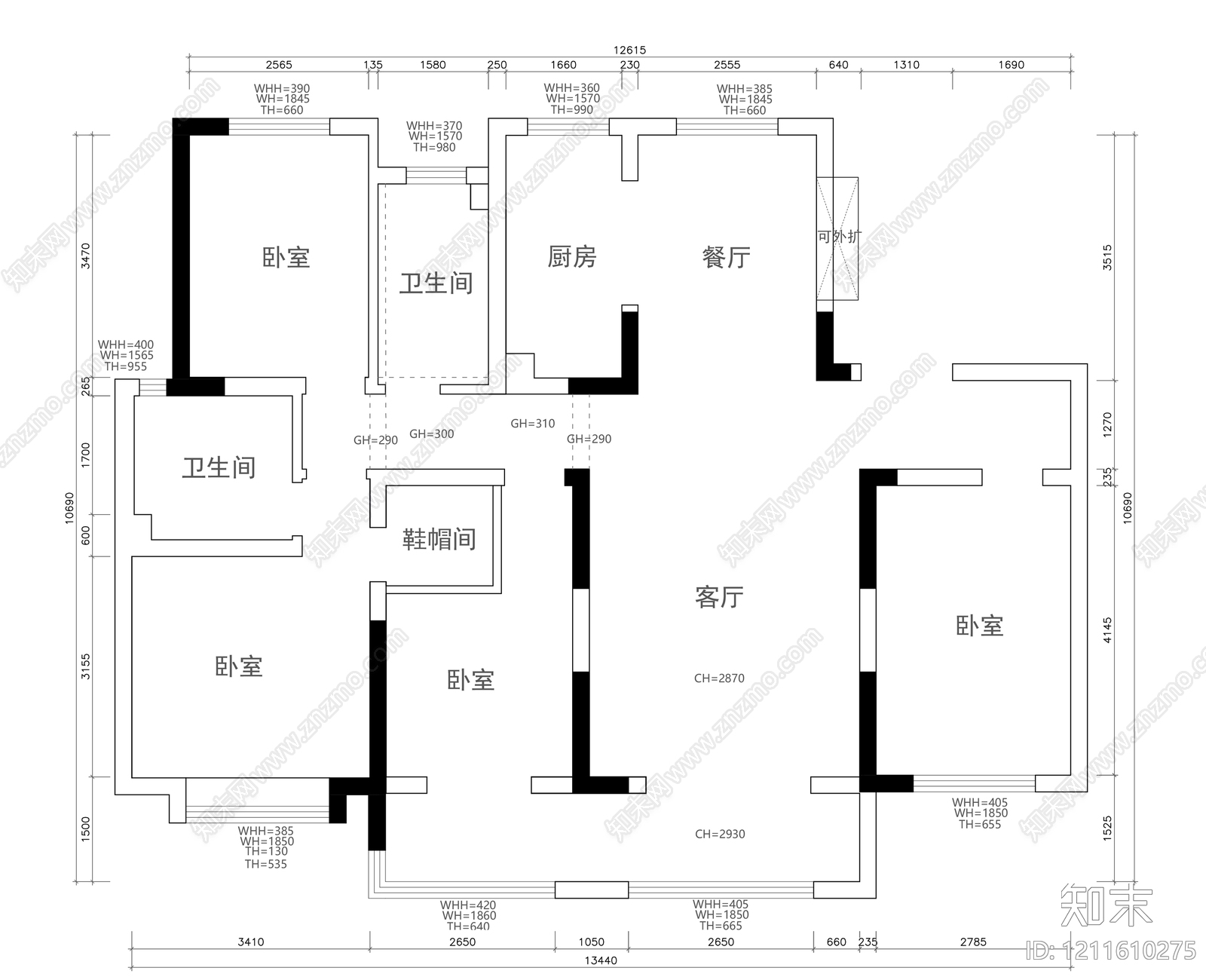 小户型平层cad施工图下载【ID:1211610275】