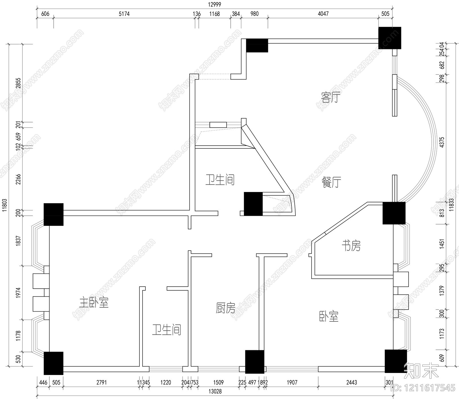 小户型平层cad施工图下载【ID:1211617545】