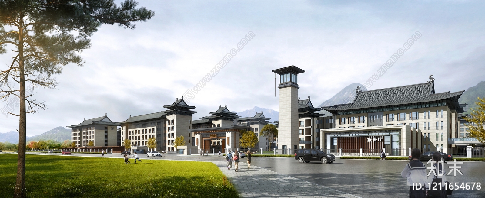 新中式学校建筑SU模型下载【ID:1211654678】