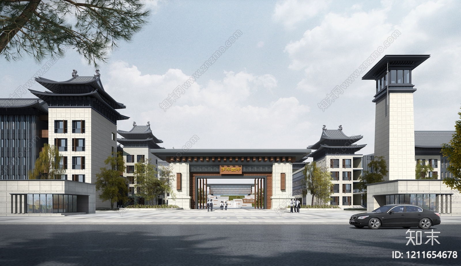 新中式学校建筑SU模型下载【ID:1211654678】