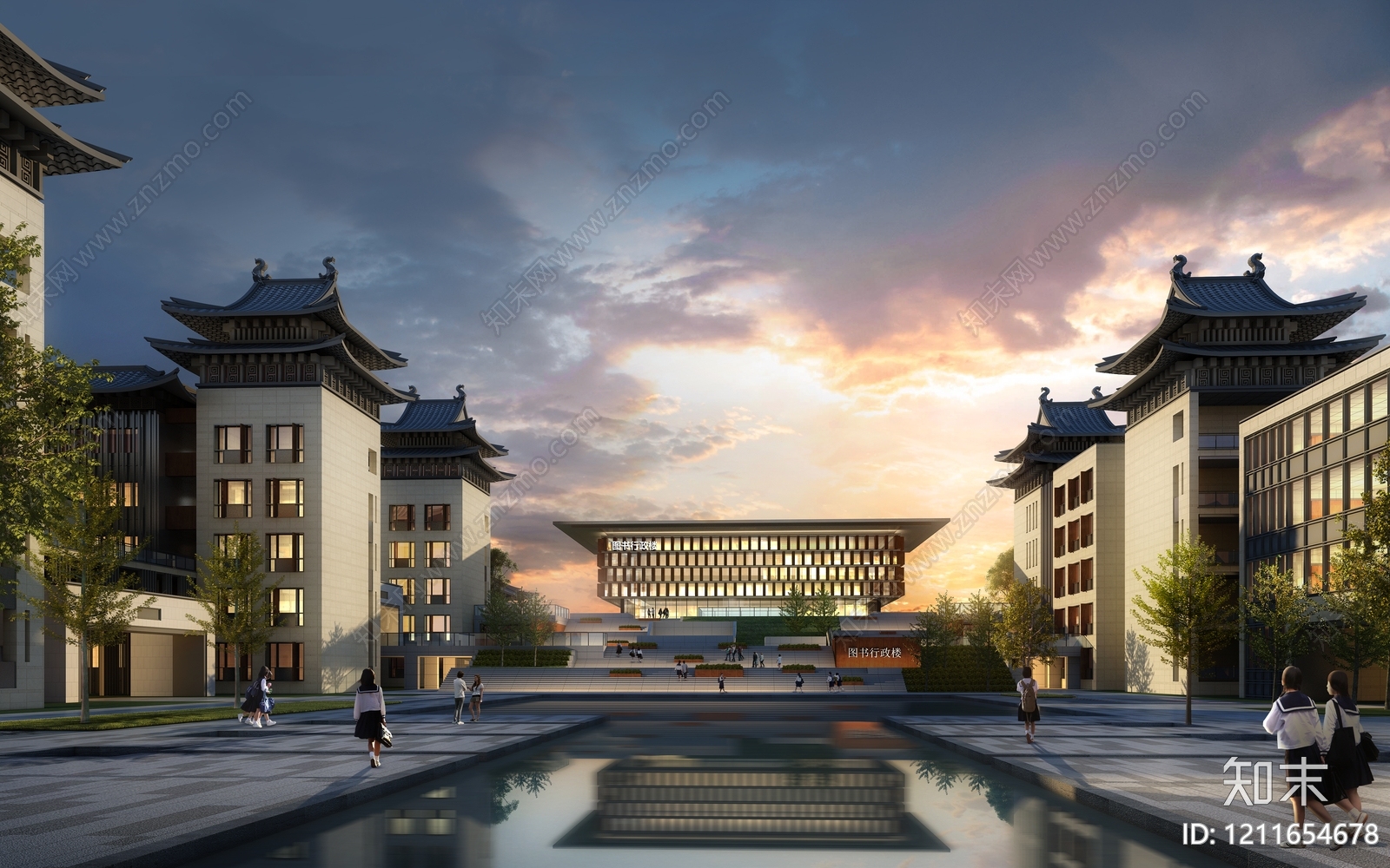 新中式学校建筑SU模型下载【ID:1211654678】