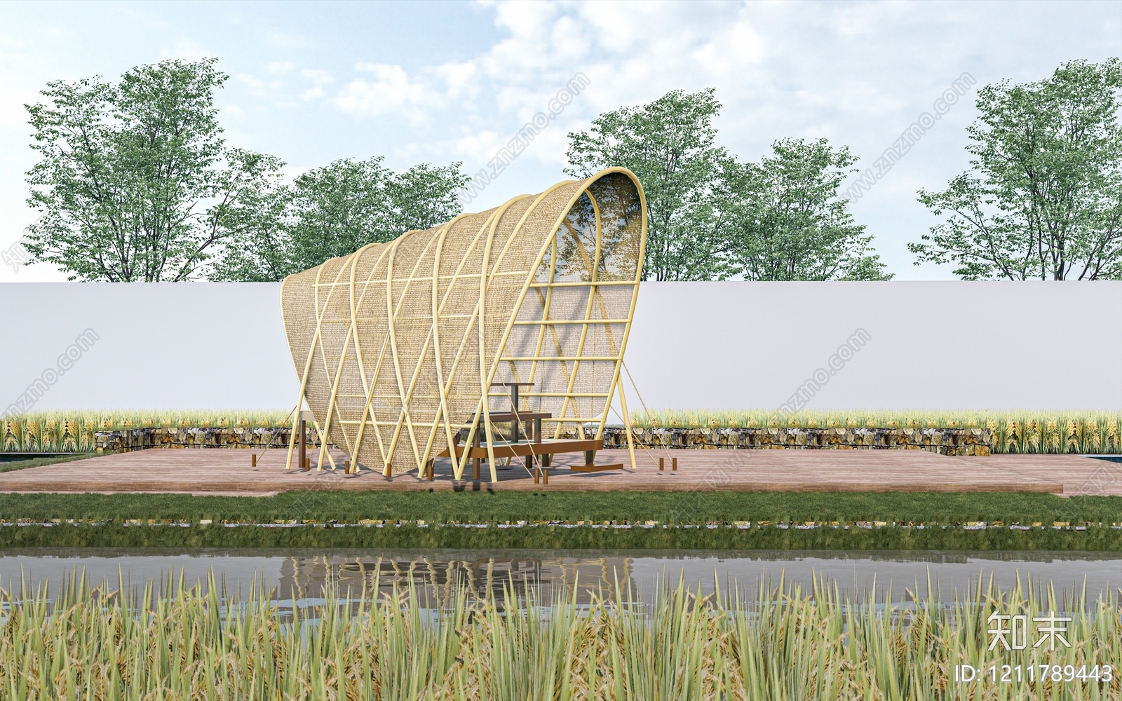 新中式景观廊架SU模型下载【ID:1211789443】