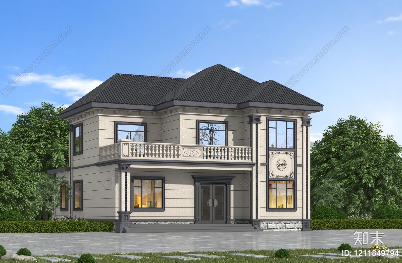 新中式别墅外观3D模型下载【ID:1211849794】