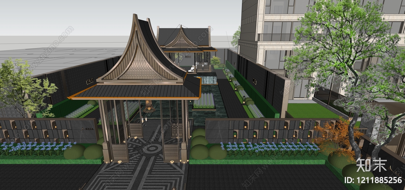 新中式售楼处建筑SU模型下载【ID:1211885256】